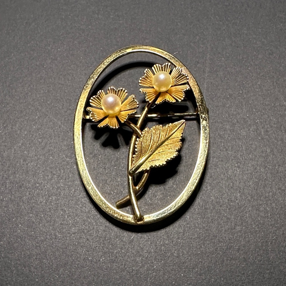 12kt Gold filled Van Dell Floral Brooch -faux Pearls Vintage mid century piece